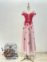 酒紅刺繡串珠蕾絲V領粉紗裙媽媽禮服