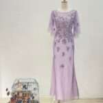 浪漫紫拼鑽碎花水袖紗裙媽媽禮服