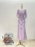 浪漫紫拼鑽碎花水袖紗裙媽媽禮服