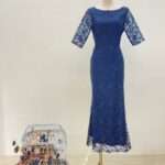 藏藍古典花紋簍空蕾絲袖媽媽禮服