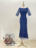 藏藍古典花紋簍空蕾絲袖媽媽禮服