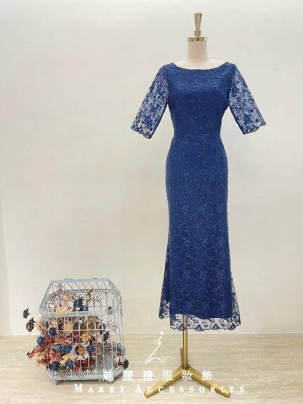 藏藍古典花紋簍空蕾絲袖媽媽禮服