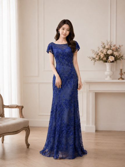 藍紫碎鑽蕾絲花媽媽禮服