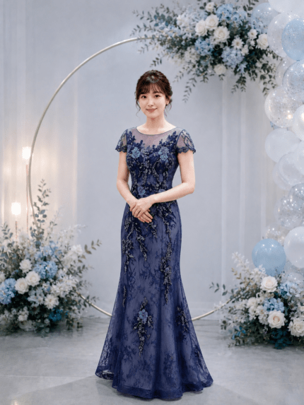 藍紫碎鑽蕾絲繡花媽媽禮服