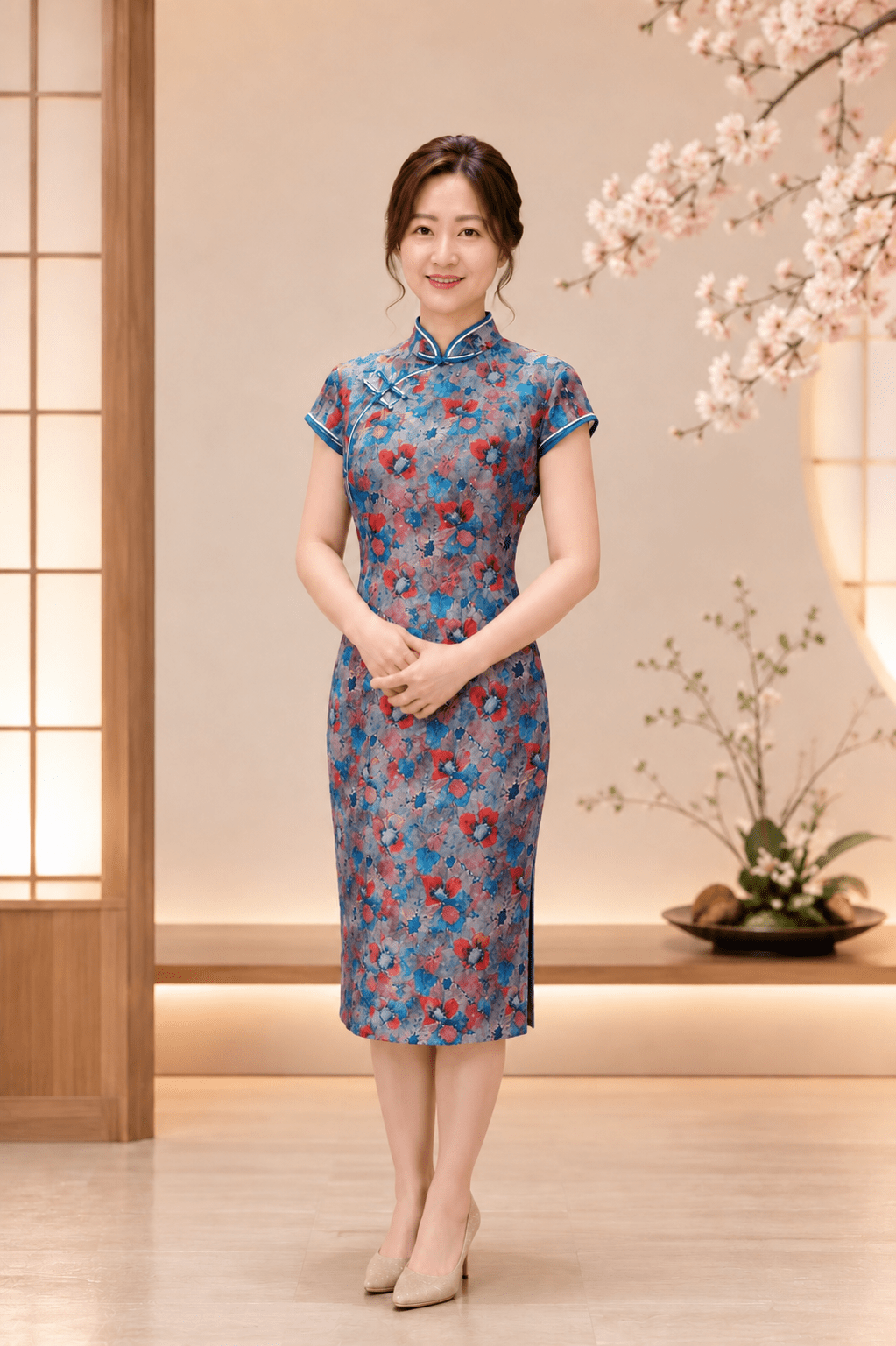 青藍印花胸前排釦旗袍媽媽禮服 青藍印花胸前排釦旗袍媽媽禮服