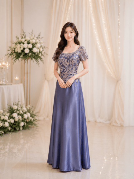 藤紫拼花蕾絲緞面媽媽禮服