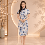米白浮雕花旗袍短媽媽禮服