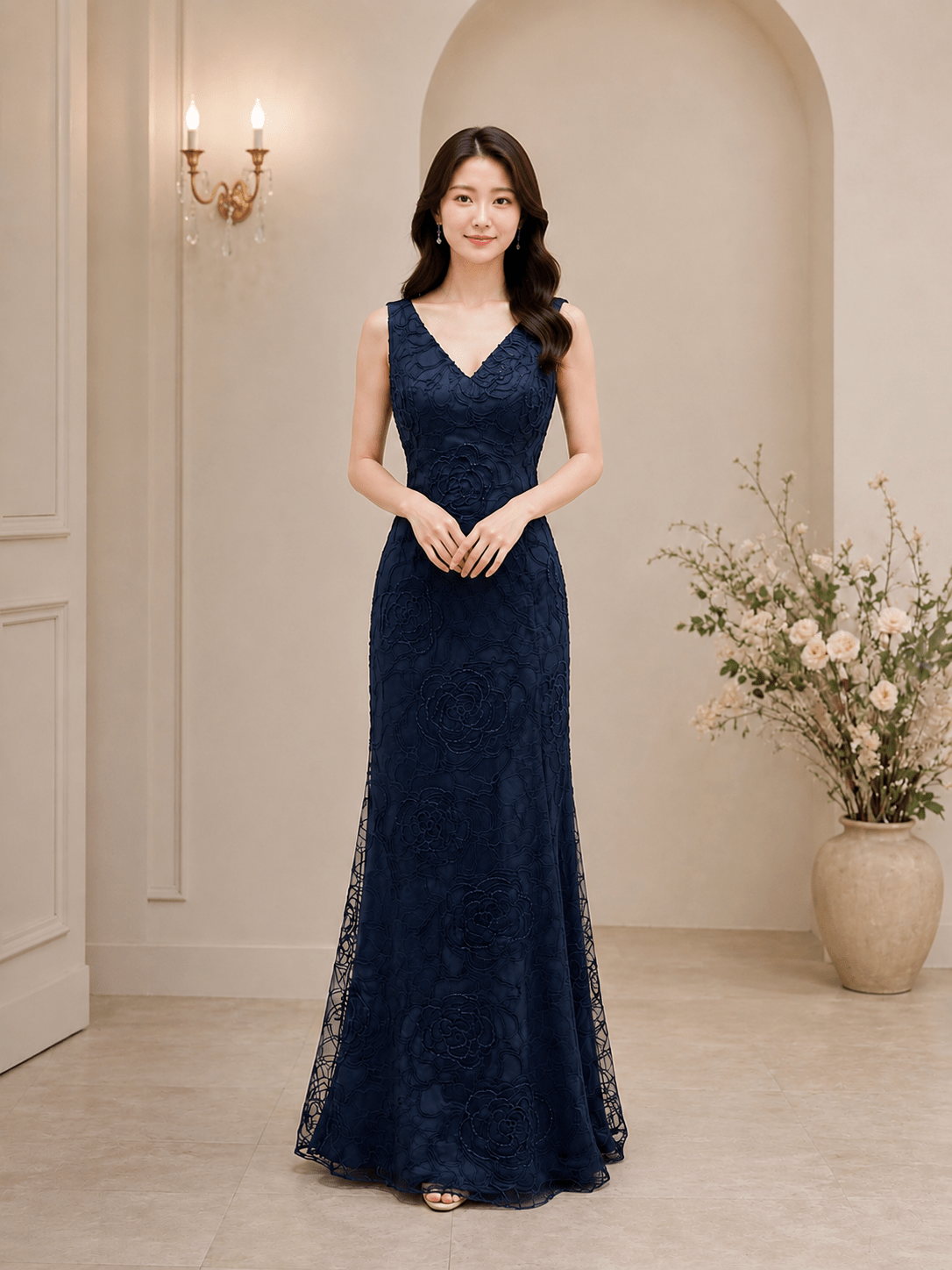 霧黑立體織花V領媽媽禮服 霧黑立體織花V領媽媽禮服