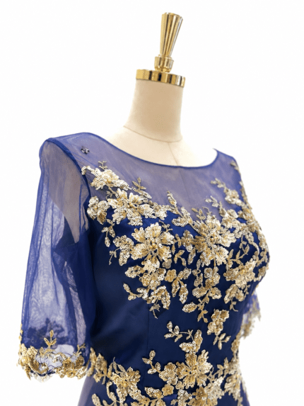 藍紫金花亮片蕾絲袖媽媽禮服