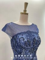 靛藍碎鑽蕾絲拼接紗裙媽媽禮服