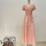 粉橘蕾絲亮片編織V領媽媽禮服