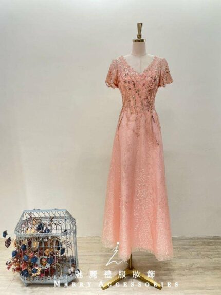 粉橘蕾絲亮片編織V領媽媽禮服