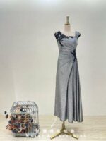 銀灰網紗繡黑花邊媽媽禮服