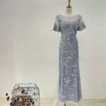 浪漫紫滿版織花刺繡細珠媽媽禮服