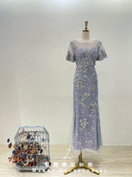 浪漫紫滿版織花刺繡細珠媽媽禮服