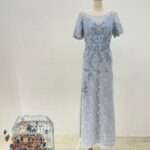 莫蘭迪藍亮片織花蕾絲裙媽媽禮服