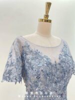 莫蘭迪藍亮片織花蕾絲裙媽媽禮服