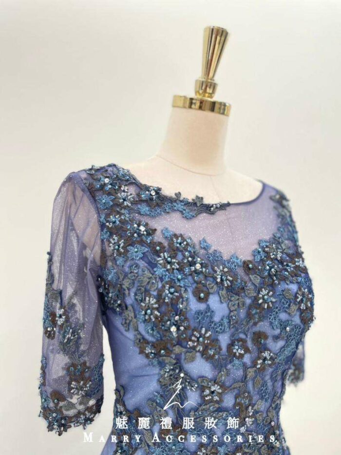 藍紫織花碎鑽蕾絲媽媽禮服