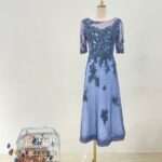 藍紫織花碎鑽蕾絲媽媽禮服