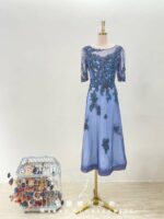 藍紫織花碎鑽蕾絲媽媽禮服