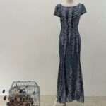 鐵灰羽毛亮片蕾絲魚尾媽媽禮服