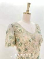 黃綠細珠織花襯粉紗裙媽媽禮服