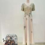 黃綠細珠織花襯粉紗裙媽媽禮服