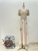 黃綠細珠織花襯粉紗裙媽媽禮服