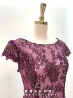 暗紫拼花蕾絲包袖媽媽禮服