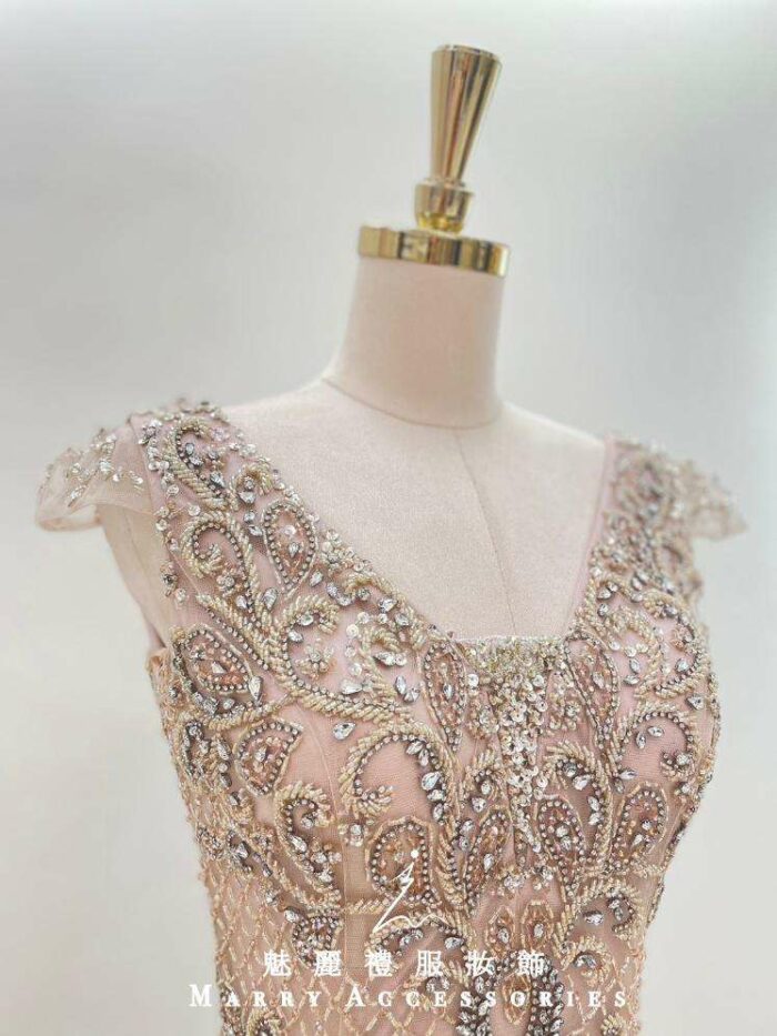 香檳金絲排鑽肩袖媽媽禮服