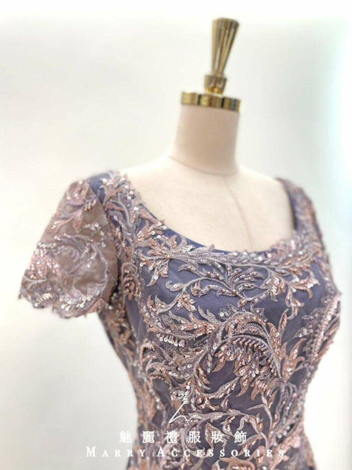 藤紫拼花蕾絲緞面媽媽禮服