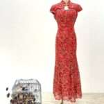 紅色立體刺繡挖空包袖旗袍媽媽禮服