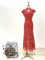 紅色立體刺繡挖空包袖旗袍媽媽禮服