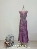 蘭花紫蕾絲浮雕印花媽媽禮服