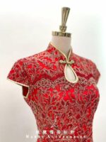 紅色立體刺繡挖空包袖旗袍媽媽禮服