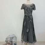 灰綠立體花紋紗裙媽媽禮服