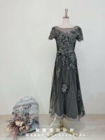 灰綠立體花紋紗裙媽媽禮服