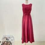 酒紅緞面絲帶花蝴蝶結收腰媽媽禮服