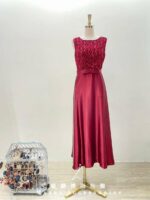 酒紅緞面絲帶花蝴蝶結收腰媽媽禮服