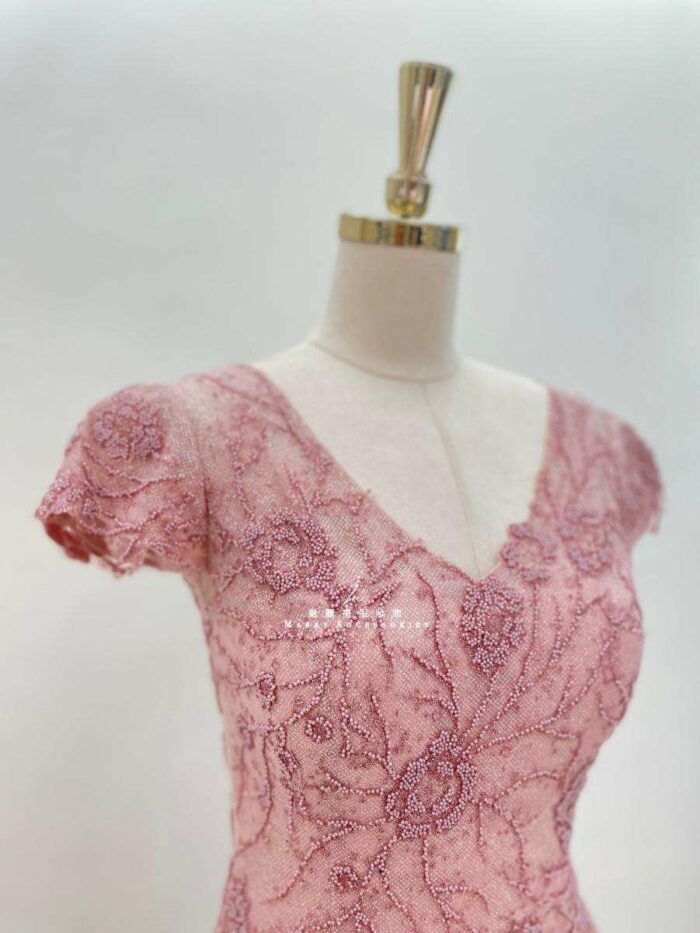 櫻花粉縫珠A字紗裙媽媽禮服