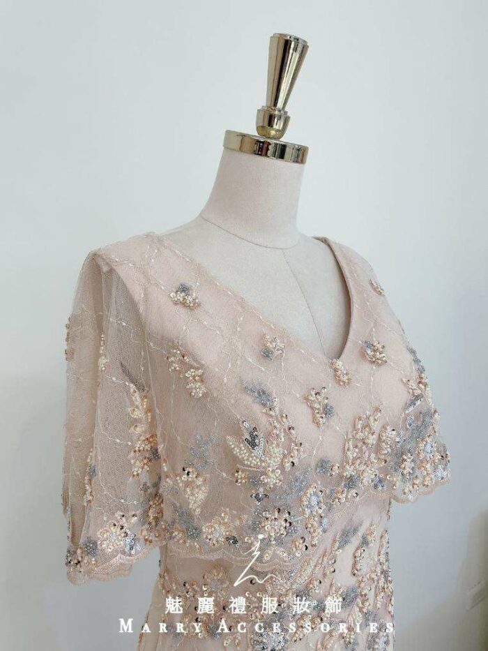 粉橘蕾絲珠花V領斗篷媽媽禮服