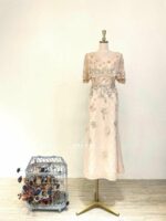 粉橘蕾絲珠花V領斗篷媽媽禮服