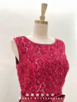 酒紅緞面絲帶花蝴蝶結收腰媽媽禮服