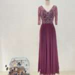 胭脂紅細鑽珠線蕾絲袖媽媽禮服