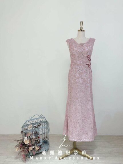 櫻花粉浮雕流線珠花媽媽禮服