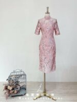 櫻花粉立體刺繡蕾絲袖媽媽禮服
