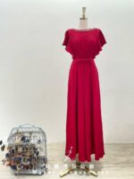 寶石紅絨布蝴蝶結收腰媽媽禮服