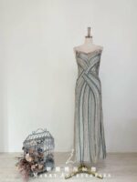 裸膚交織拼色串珠媽媽禮服