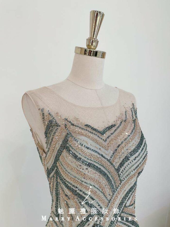 裸膚交織拼色串珠媽媽禮服