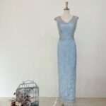 莫蘭迪藍蕾絲花邊媽媽禮服